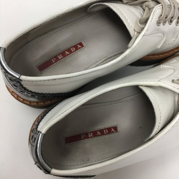 Prada Lace Up Platform Leather Brogue Shoes White leather Silver Toe Womens 39 - Picture 7 of 15
